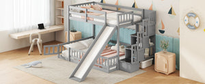 English Elm Twin Over Full Pine Bunk Bed with Fun Slide Storage Staircase and Safety Rails W504P210106