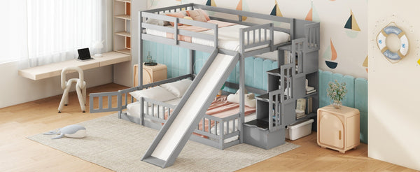 English Elm Twin Over Full Pine Bunk Bed with Fun Slide Storage Staircase and Safety Rails W504P210106