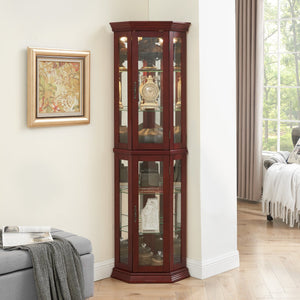 English Elm Corner Curio Cabinet with Lighted Top, Mirrored Back, Tempered Glass Shelves, Walnut Finish Elegance Cherry W1693P165015