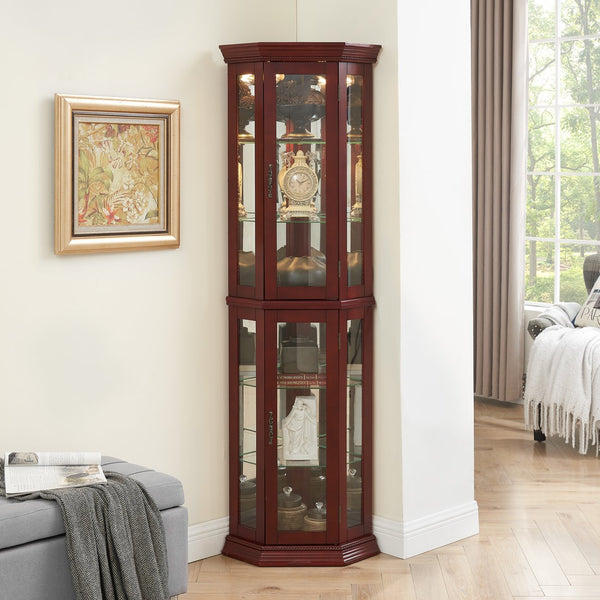 English Elm Corner Curio Cabinet with Lighted Top, Mirrored Back, Tempered Glass Shelves, Walnut Finish Elegance Cherry W1693P165015