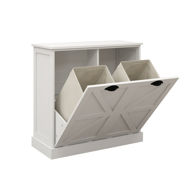 English Elm Two-Compartment Modern Tilt-Out Laundry Sorter Cabinet White – Space-Saving Organizer, Durable UV Finish, 100lb Load-Bearing Capacity W282P190993
