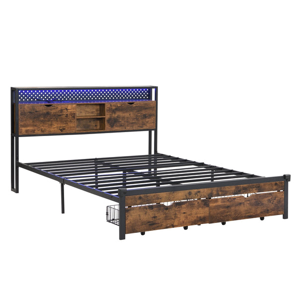 English Elm King Size Metal Platform Bed with Wooden Headboard, USB Outlets, LED Lights, 2 Drawers, 600LB Limit W311P167048
