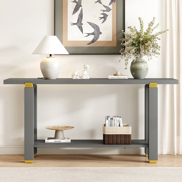 English Elm U_Style 62.9" Modern Minimalist Console Table - Solid Wood Entryway Table With Metal Accents & Shelf N711P289140E-GIGA