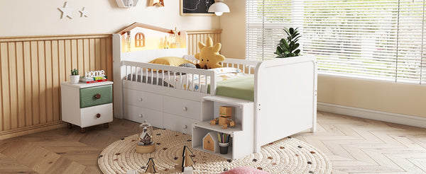 English Elm Low Twin Loft Bed with House-Style Headboard and Built-In LED Lights for Modern Kids' Rooms White 42.91 L x 28.35 W x 6.69 H W2593S00006