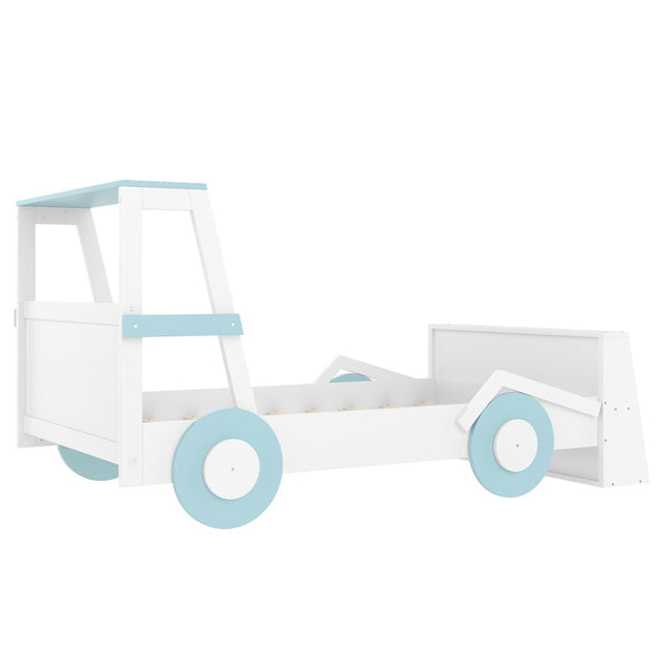 English Elm Twin Pine Treehouse Floor Bed with Padded Rails and Cabin Roofline for Kids White+Blue W1580S00470