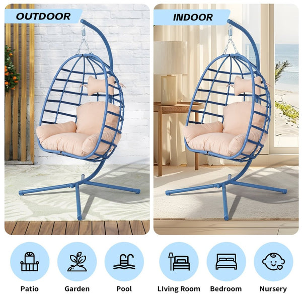 English Elm Egg Hanging Chair with Stand Pe Rattan Swing Seat Washable Cushion Patio Bedroom T5880P497434