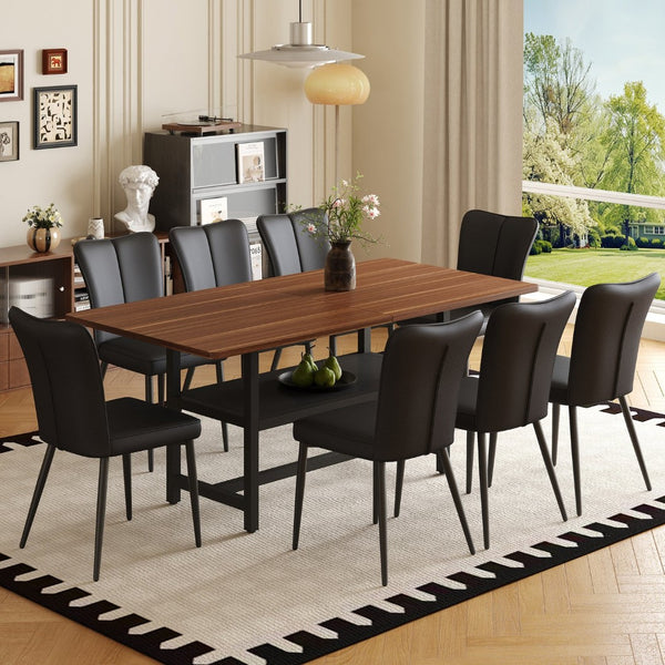 English Elm Table Set: Modern Walnut Grain Dining Table With 8 Black Pu Chairs For Stylish Comfort & Storage W1151S04287-GIGA