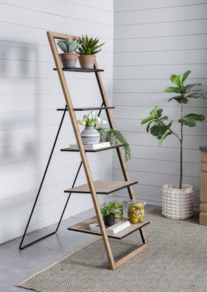 English Elm 24.8x26.4x72.4" Five Tier Fir Wood Ladder Bookshelf Farmhouse Iron Hardware Display W2078P499743