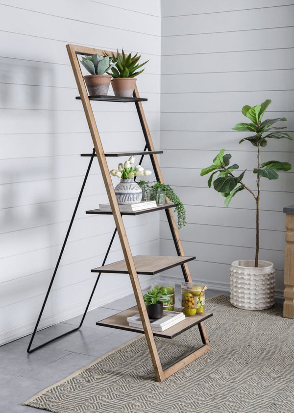 English Elm 24.8x26.4x72.4" Five Tier Fir Wood Ladder Bookshelf Farmhouse Iron Hardware Display W2078P499743