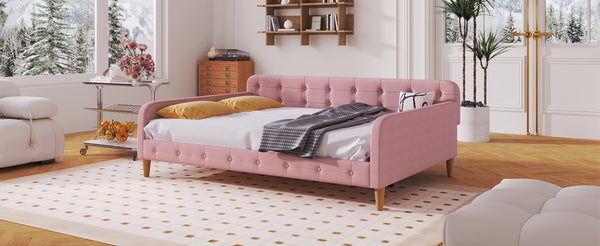 English Elm Full Size Linen Tufted Daybed with Pine Frame for Living or Guest Room Pink DL001825AAH-1