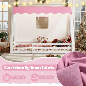 English Elm Twin Montessori Floor Bed Solid Pine Teepee Frame with Guardrails and Canopy Light W1580P369465