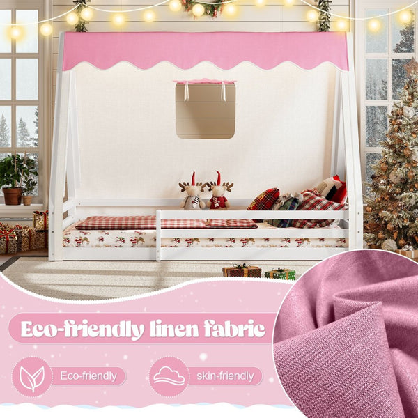 English Elm Twin Montessori Floor Bed Solid Pine Teepee Frame with Guardrails and Canopy Light W1580P369465
