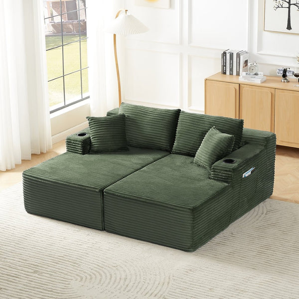 English Elm Compressible Modular U-shaped Cloud Sofa Corduroy Sectional for Spacious Living Rooms Green W2339S00150