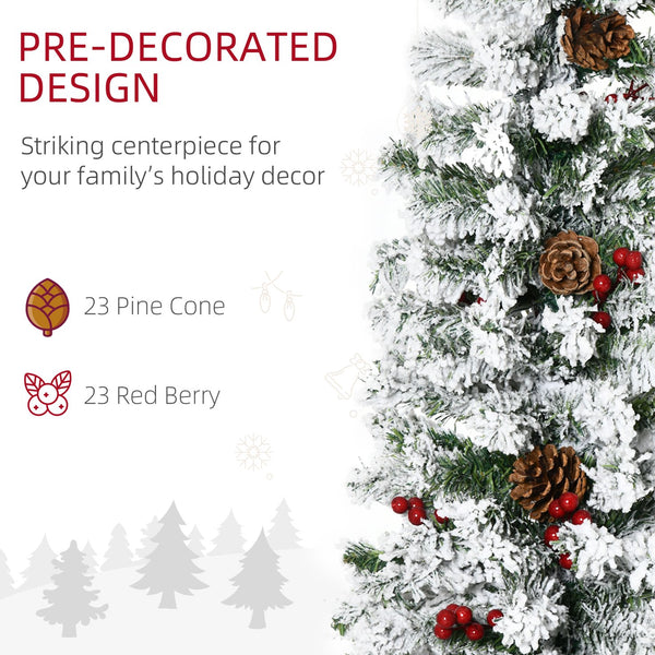 English Elm Homcom 6' Slim Snow Flocked Christmas Tree With 600 Realistic Pine Branches, Pine Cones & Berries W2225P229522