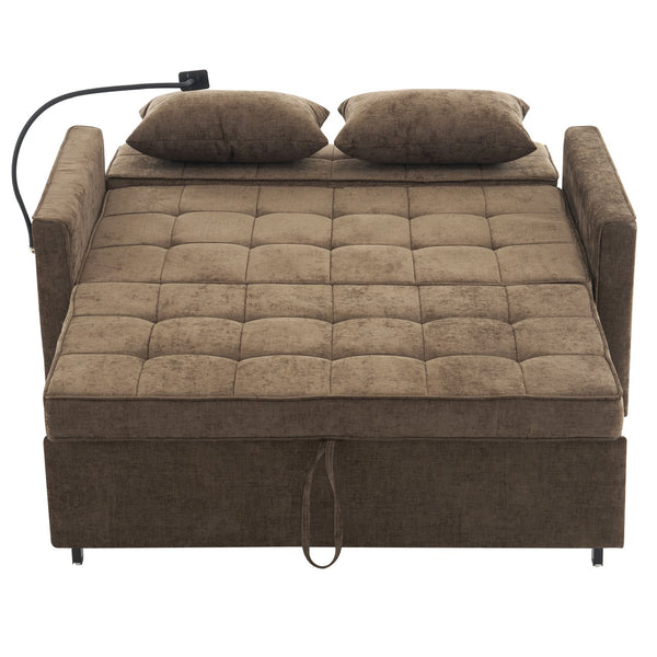 English Elm 56.9" Loveseat Sofa Bed with Chenille Upholstery, USB Ports, Phone Holder, Side Pockets, Reclining Backrest Brown N719P208853D