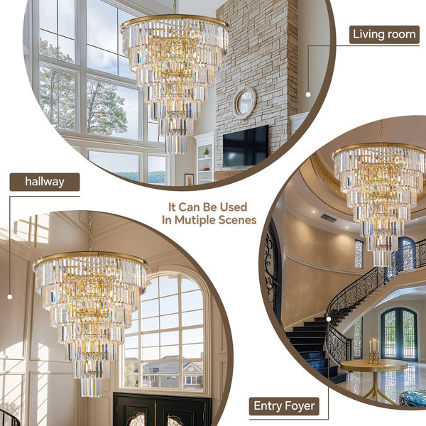 English Elm 40-Inch Gold Tiered Crystal Chandelier, 30-Light E12 with 370 Crystal Rods, Mirror-Polished Frame, LED Kit Included W2869S00023