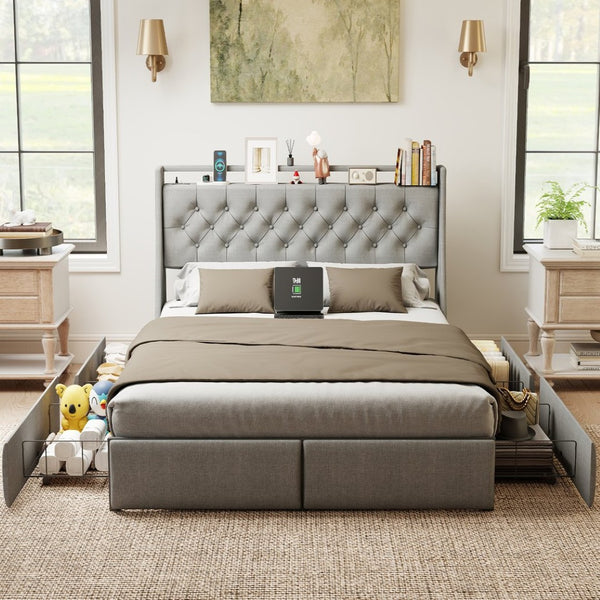 English Elm Queen Storage Platform Bed with Rgb Lighting Linen Headboard and Built-in Charging T3963P437321