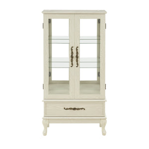 English Elm Curio Lighted Glass Display Cabinet with Adjustable Shelves, Vintage Drawer & Carved Metal Handle, Dark Finish Antique White W2275P199815