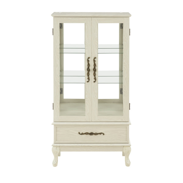 English Elm Curio Lighted Glass Display Cabinet with Adjustable Shelves, Vintage Drawer & Carved Metal Handle, Dark Finish Antique White W2275P199815