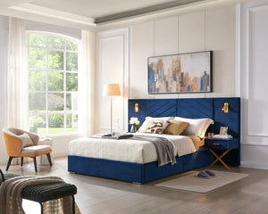 English Elm Queen Velvet Wingback Platform Bed Channel Tufted Upholstered Frame No Box Spring Blue W1793S00051