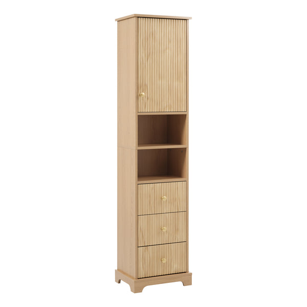 English Elm 67.7" Tall Freestanding Bathroom Cabinet with 3 Drawers, Open Shelves, Gold Handles, Anti-Tip Safety N729P335604O