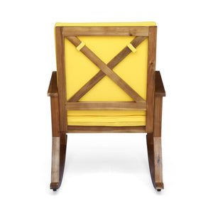 English Elm Champlain Outdoor Acacia Wood Rocking Chair with Cross-back Design and Cushions Teak+Yellow 62685.00YLW