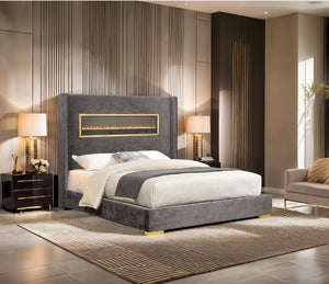 English Elm Contemporary Queen Platform Bed Upholstered Fabric with Fireplace Headboard and Bluetooth Audio Gray,Multi B2741P439941