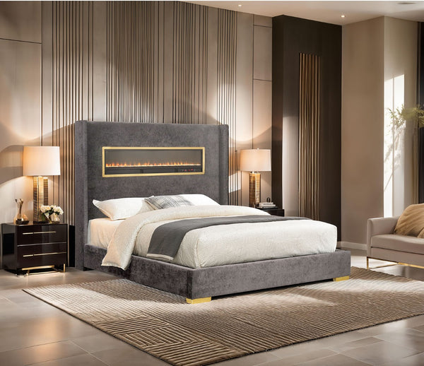 English Elm Contemporary Queen Platform Bed Upholstered Fabric with Fireplace Headboard and Bluetooth Audio Gray,Multi B2741P439941