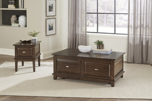 English Elm Transitional Cherry Finish Birch Veneer End Table with Dovetail Drawer and Nickel Hardware B011P459301