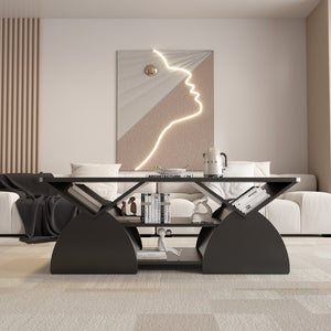 English Elm Engineered rounded corner rectangular coffee table with 6 cubbies, spacious tabletop, durable melamine finish Black W2899P372760