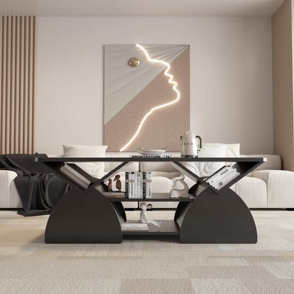 English Elm Engineered rounded corner rectangular coffee table with 6 cubbies, spacious tabletop, durable melamine finish Black W2899P372760