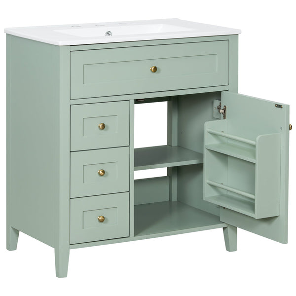 English Elm 30-Inch Contemporary Bathroom Vanity with Sink, MDF & Rubberwood, Glossy Finish, 3 Drawers + Cabinet Green N725P350819F