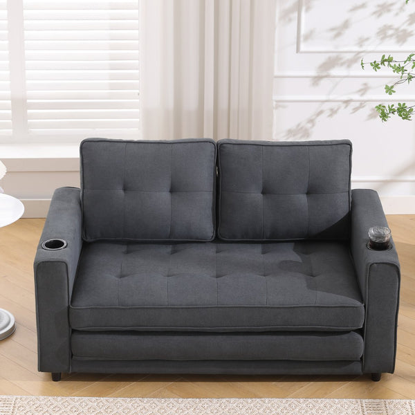English Elm {VIDEO 3-in-1 Upholstered Futon Sofa Bed Convertible Loveseat with Tufted Back, Cup Holders & Side Pockets Dark Gray W2325P183181
