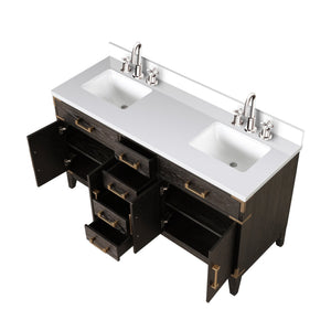 English Elm Brown Oak Double Bath Vanity - 60" W X 22" D, Durable Cultured Marble Top & Chrome Faucet Set B2731P259847