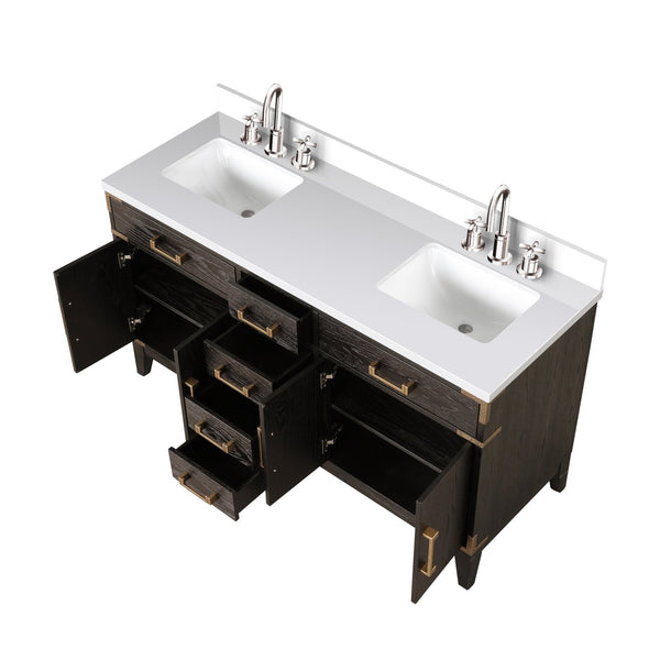 English Elm Brown Oak Double Bath Vanity - 60" W X 22" D, Durable Cultured Marble Top & Chrome Faucet Set B2731P259847