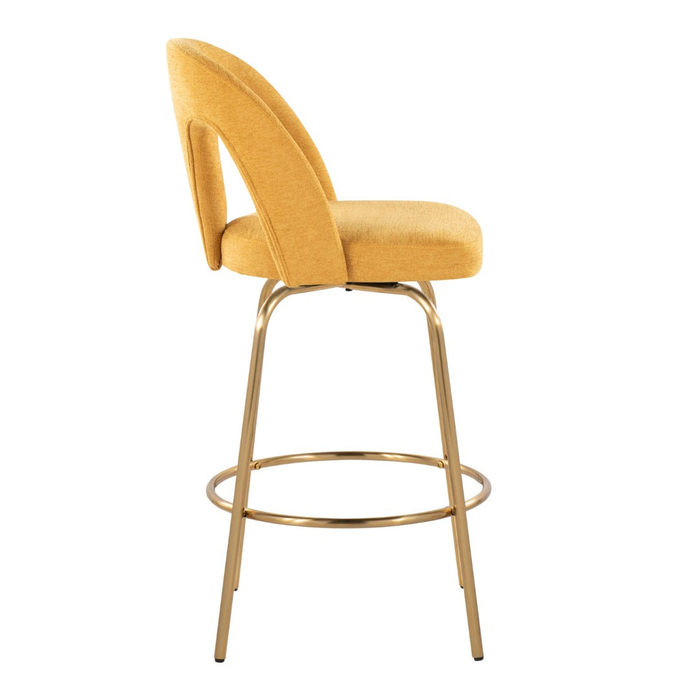 English Elm Fixed-height Swivel Counterstools with White Upholstery Gold Footrest Set of 2 Yellow B202S01783