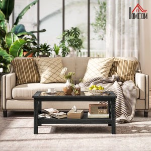 English Elm HOMCOM Modern Farmhouse Glass Coffee Table with Tempered Top, Lower Storage Shelf & X-Frame Design Black W2225P229136