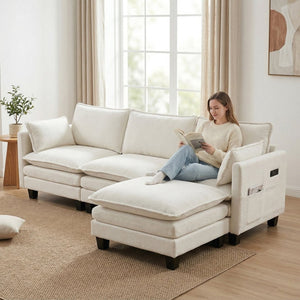 English Elm Modern Chenille Three Seat Sofa with Ottoman Usb Charging Ports and Storage Pockets Beige White W2519S00001