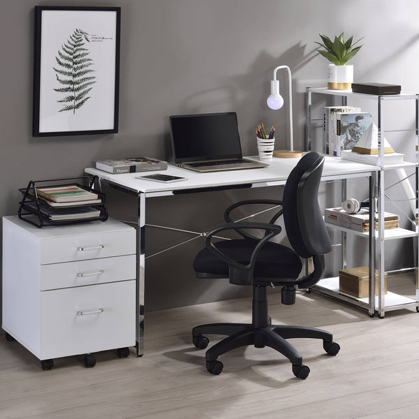 English Elm White Sleek Writing Desk with Chrome Sled Base, Integrated Four-Tier Bookcase for Organized Workspaces White+Silver B062P184564