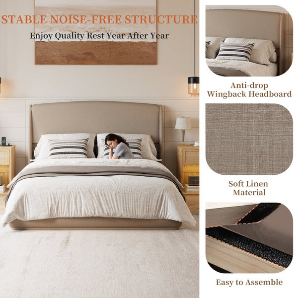 English Elm Upholstered Queen Platform Bed Curved Wingback Linen Headboard Modern Bedroom Frame Brown N733S439498N