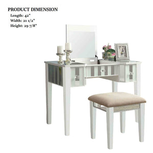 English Elm Transitional Glam Mirrored Vanity with Padded Stool, Spacious Drawers, Central Mirror for Prep and Storage White 50 L x 31 W x 16 H B2741P400802