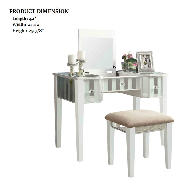 English Elm Transitional Glam Mirrored Vanity with Padded Stool, Spacious Drawers, Central Mirror for Prep and Storage White 50 L x 31 W x 16 H B2741P400802