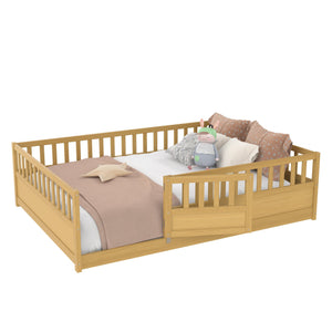 English Elm Full Full-Size Montessori Floor Bed with High Safety Fence, Clockwise Door, Pine Frame & Support Slats Natural Wood W1858P310086