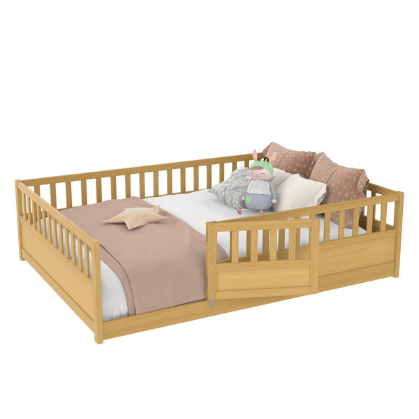 English Elm Full Full-Size Montessori Floor Bed with High Safety Fence, Clockwise Door, Pine Frame & Support Slats Natural Wood W1858P310086