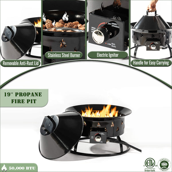 English Elm 19" Portable Propane Fire Pit 50000 BTU Stainless Burner Lava Rocks Electronic Ignition Black W853P202205