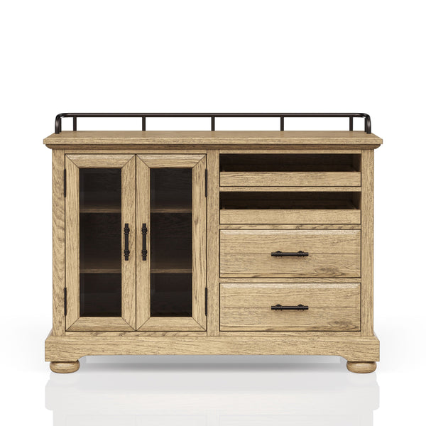 English Elm Server Caramel Finish Elm Veneer Sideboard with Glass Doors, Open Cubbies & Black Metal Pulls - Rustic Durable Storage B2699P355851