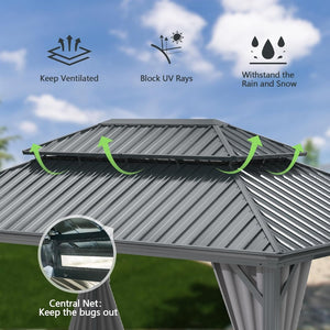 English Elm 13x13ft Hardtop Gazebo Galvanized Steel Vented Double Roof with Curtains Netting Patio Gray W1859S00199