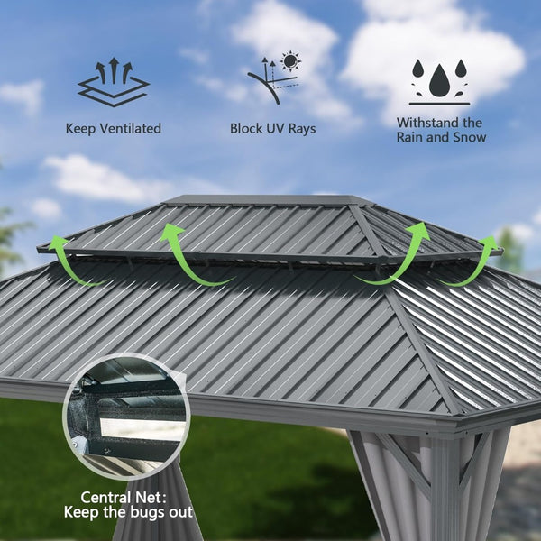 English Elm 13x13ft Hardtop Gazebo Galvanized Steel Vented Double Roof with Curtains Netting Patio Gray W1859S00199