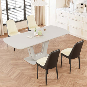 English Elm 62.99-78.74" Extendable Dining Set with 4 Pu Leather Chairs Seats up to Eight Beige+Grey,Black W2189S00859