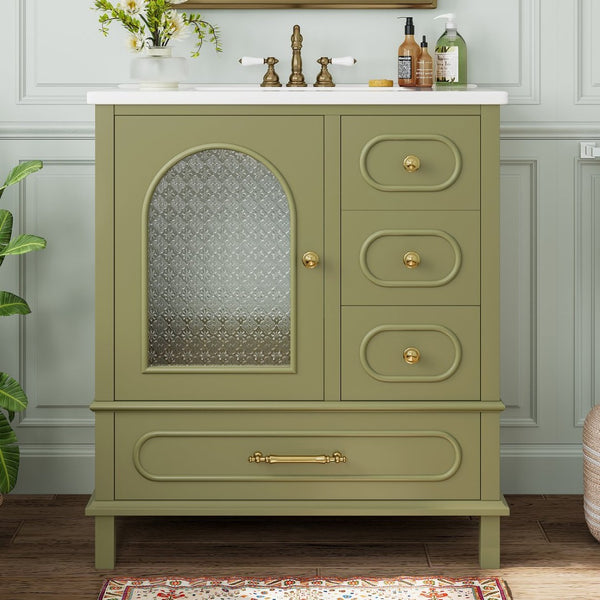 English Elm 30" Freestanding Bathroom Vanity Solid Wood Cabinet Ceramic Basin 3 Drawer Storage Green W1580P382512